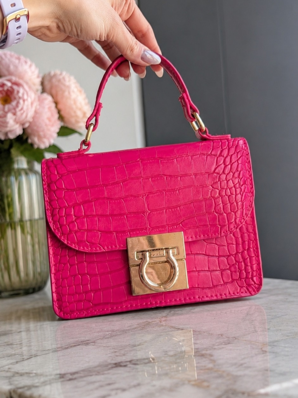 Hot Pink Croc-Embossed Top Handle Bag with Gold Hardware